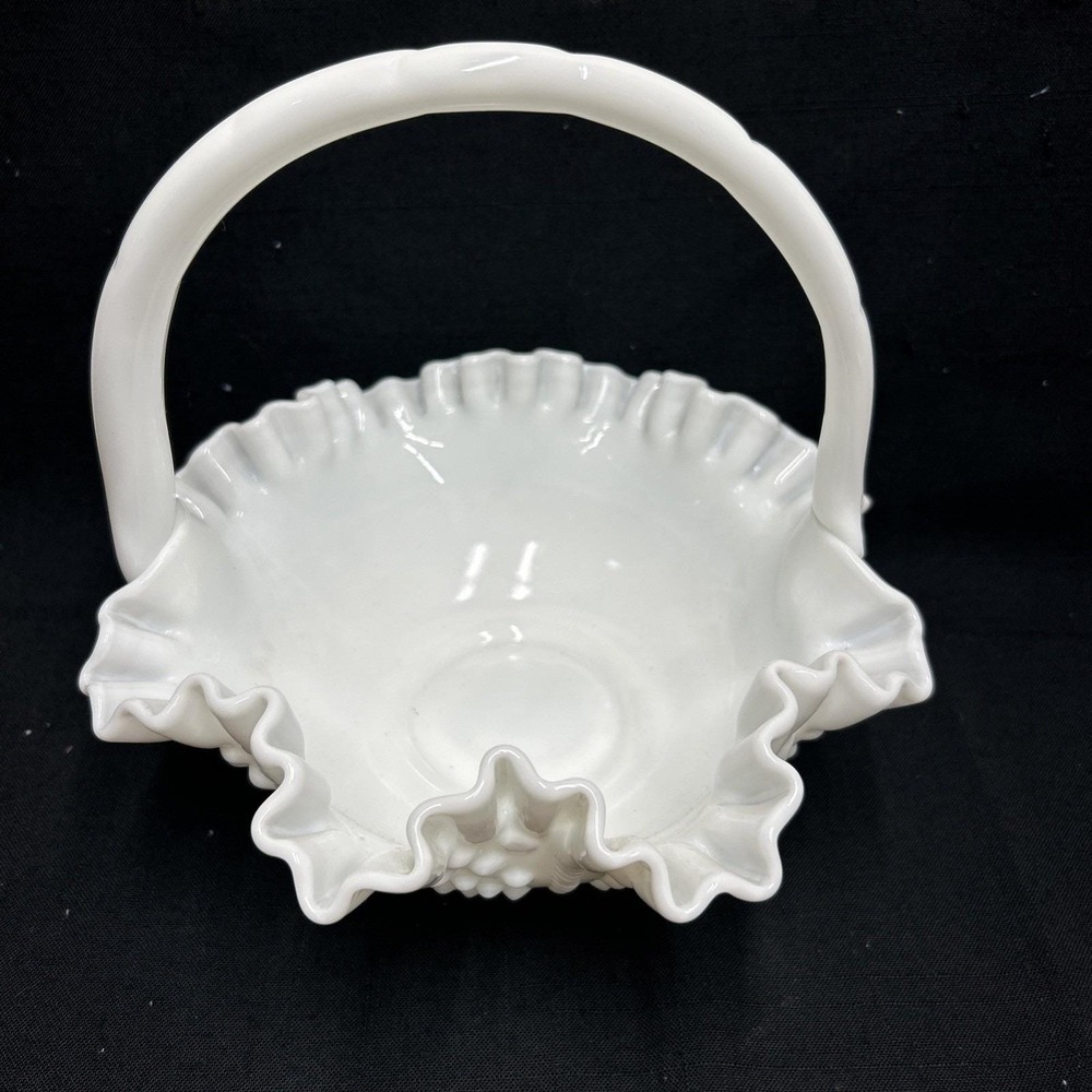 Vintage Fenton Hobnail White Milk Glass Basket with a ruffled edge and handle
